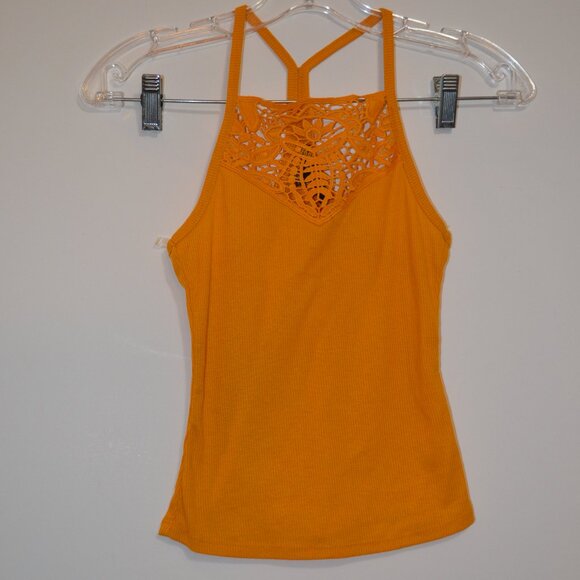 Impulsive Dark Gold Lace Front Neck Spagetti Straps Knit Polyester Crop Top XS - Picture 1 of 5